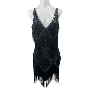 Babeyond Black Sequin Sparkly Sleeveless Fringe V Neck Mini Bodycon Dress Size L